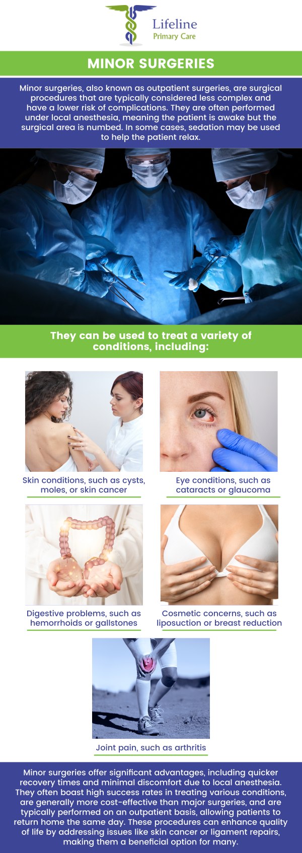 Minor surgery involves simple, non-invasive procedures to treat various conditions, often performed under local anesthesia. At Lifeline Primary Care, our experienced providers ensure that each procedure is done with precision, aiming for quick recovery and minimal discomfort.  For more information, contact us or request an appointment online. We have convenient locations to serve you in Lilburn Main, Lilburn Extension, Lilburn - Snellville, Norcross, Sandy Springs, Stone Mountain, Duluth, Clarkston, and Suwanee GA.