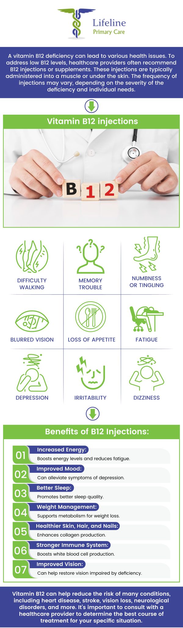 Feel renewed and re-energized with our Vitamin B12 Injections Clinic, where Aziz Pirani, MD, and Safia Pirani, MD, offer a quick and effective solution to combat fatigue and boost your overall well-being. Our team provides safe and sterile B12 injections tailored to your unique needs, helping to improve energy levels, support nerve function, and enhance your mood. For more information, contact us or request an appointment online. We have convenient locations to serve you in Lilburn Main, Lilburn Extension, Lilburn - Snellville, Norcross, Sandy Springs, Stone Mountain, Duluth, Clarkston, and Suwanee GA.