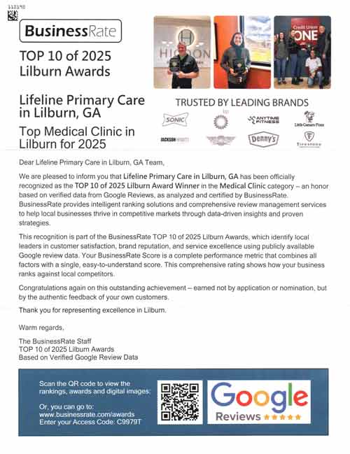Award Winning Care at Lifeline Primary Care in Lilburn Main, Lilburn Main Extension, Lilburn – Snellville, Sandy Springs, Stone Mountain, Duluth, Clarkston, Suwanee, and Norcross GA