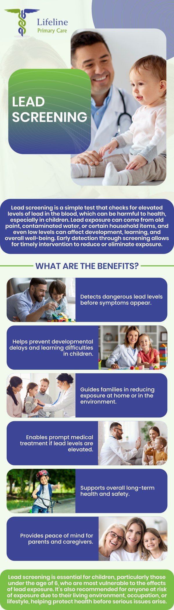 Common questions asked by patients: What is lead screening and why is it important? At what age should children get a lead screening? How often should lead screening be done? What types of tests are used in lead screening? How accurate is a lead screening test? For more information, contact us or request an appointment online. We serve patients from Lilburn Main GA, Lilburn Extension GA, Lilburn - Snellville GA, Sandy Springs GA, Stone Mountain GA, Duluth GA, Clarkston GA, Suwanee GA, Norcross GA, Tucker GA, Alpharetta GA, Sugar Hill GA, Scottdale GA, Decatur GA, Doraville GA, Dunwoody GA, Roswell GA, Chamblee GA, Redan GA, Gresham Park GA, Johns Creek GA, Buford GA, and surrounding cities.